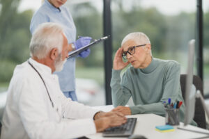 Mulher na menopausa conversando, preocupada, com o médico durante a consulta